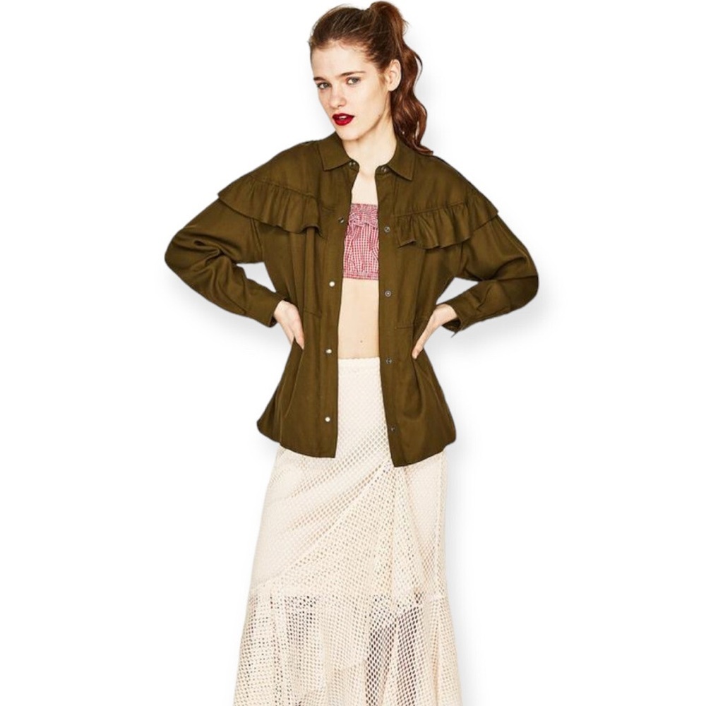 H&M TRF Khaki Ruffle Utility Jacket - Picture 2 of 15